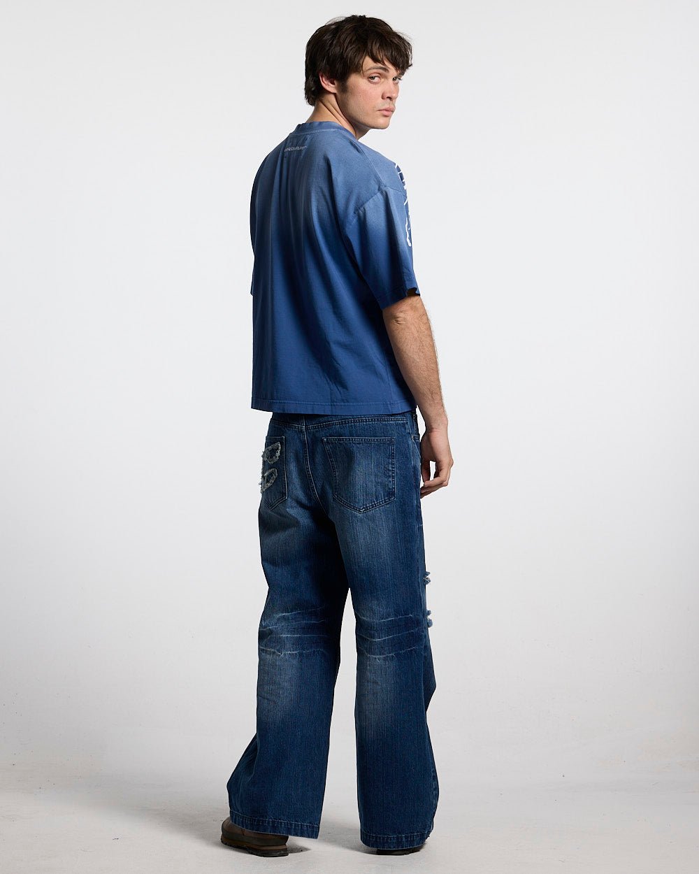 CROSSED SCRIPT TEE BLUE - washed blue tee, back view on male model - Cold Culture #man