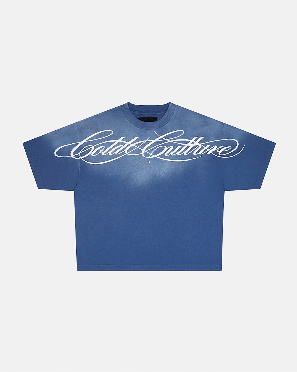 CROSSED SCRIPT TEE BLUE - washed blue tee, front view - Cold Culture #packshot