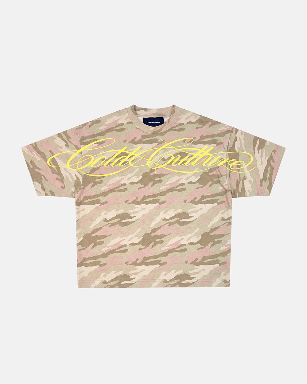 CROSSED SCRIPT TEE CAMO - beige camo tee, flat lay - Cold Culture #woman