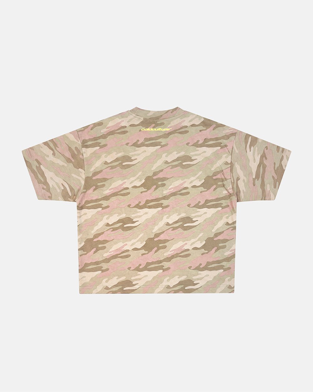 CROSSED SCRIPT TEE CAMO - beige camo tee, flat lay - Cold Culture #packshot