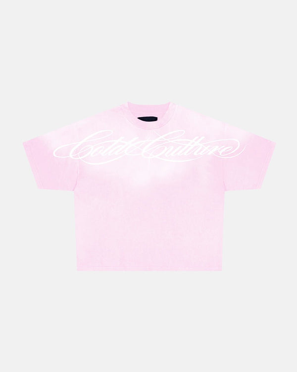 CROSSED SCRIPT TEE PINK - washed pink tee, front view - Cold Culture #packshot