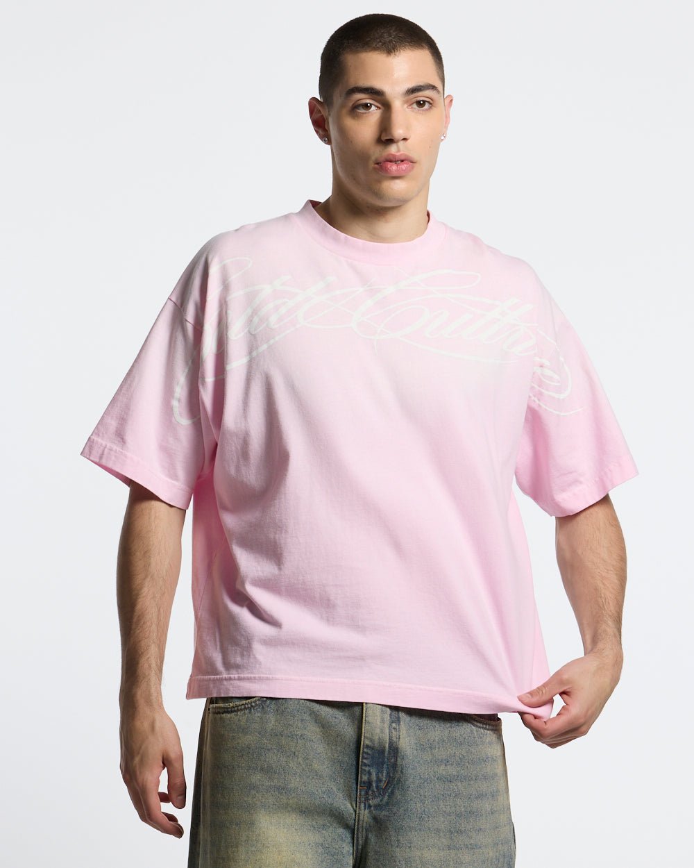 CROSSED SCRIPT TEE PINK - washed pink tee, front view on male model - Cold Culture #man