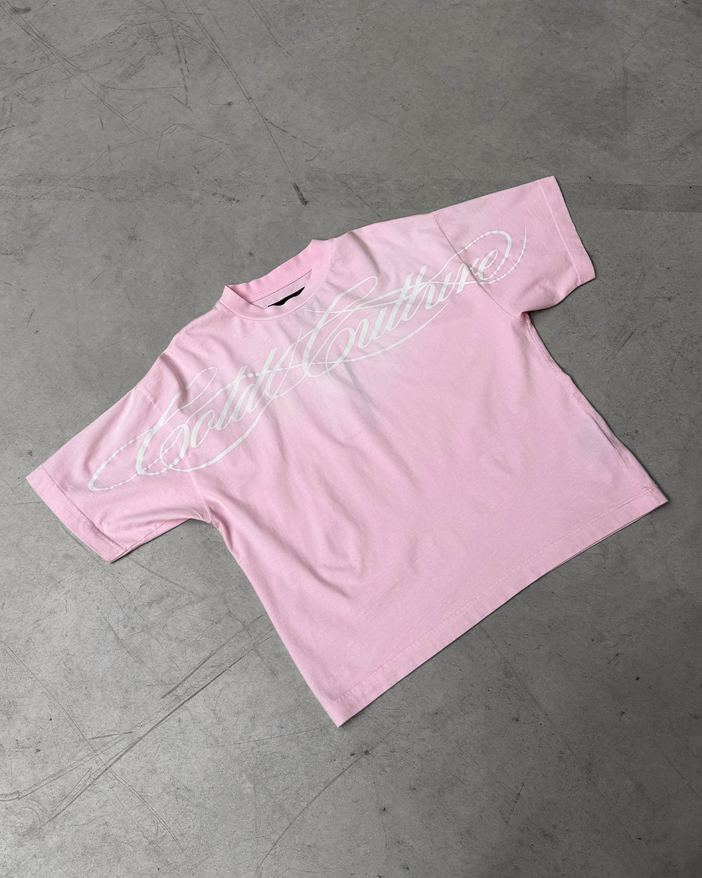 CROSSED SCRIPT TEE PINK - washed pink tee, flat lay - Cold Culture