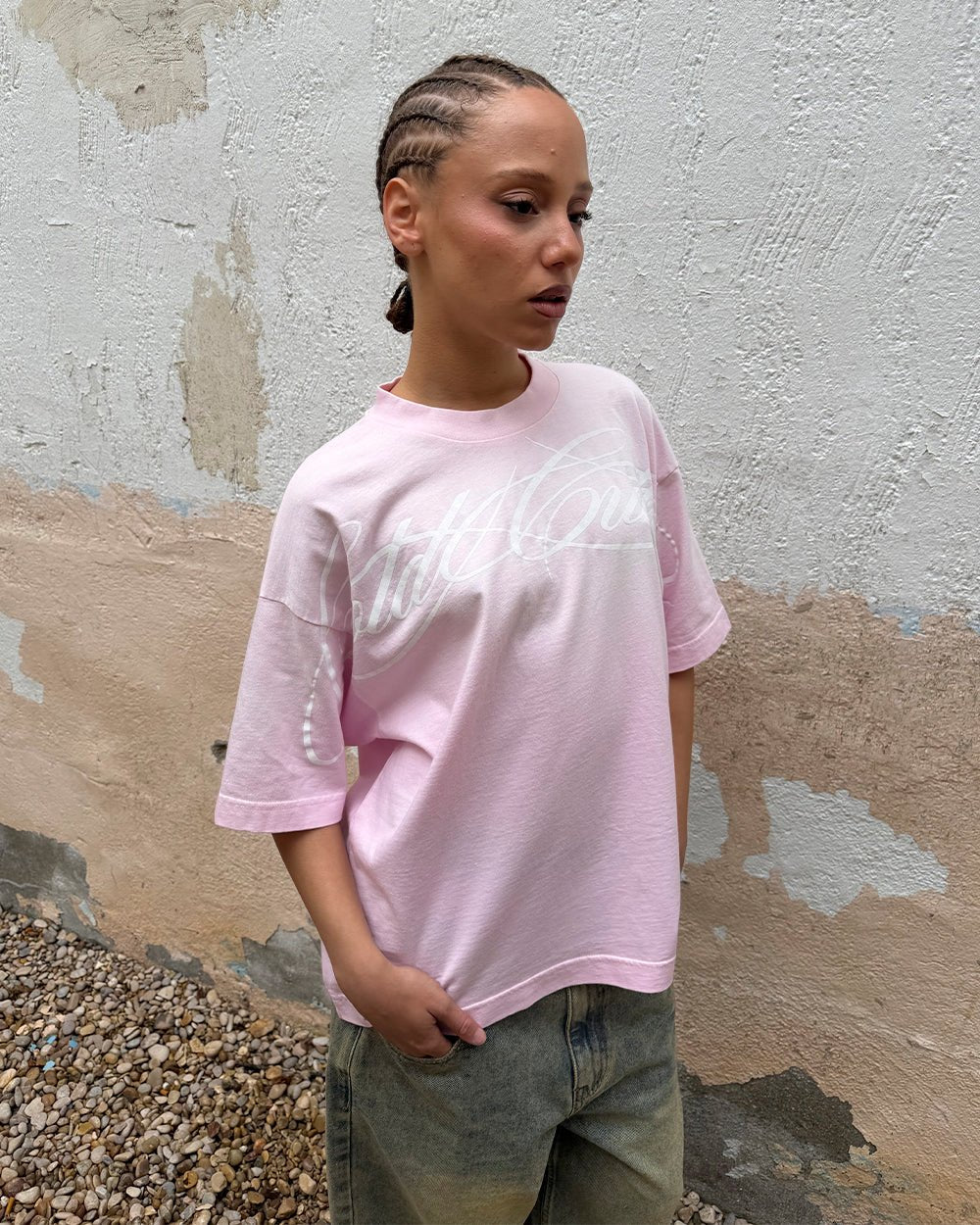CROSSED SCRIPT TEE PINK - washed pink tee, street style shot - Cold Culture #woman