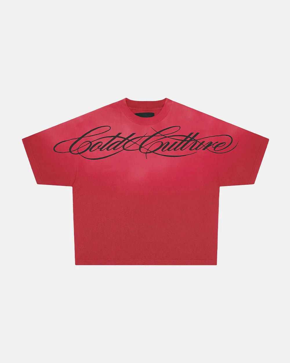 CROSSED SCRIPT TEE RED - washed red tee, front view - Cold Culture #packshot