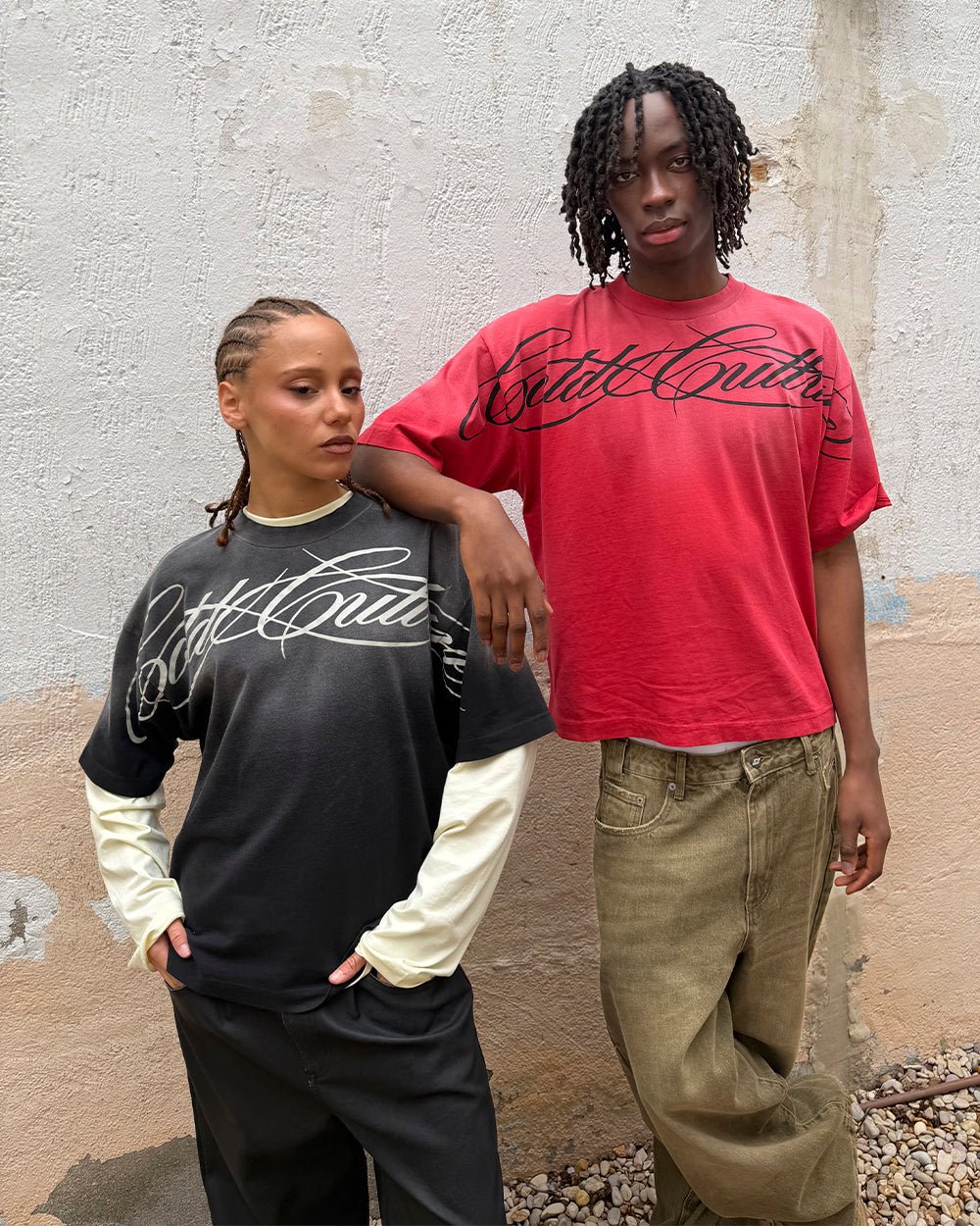 CROSSED SCRIPT TEE RED - washed red tee, street style shot - Cold Culture #woman