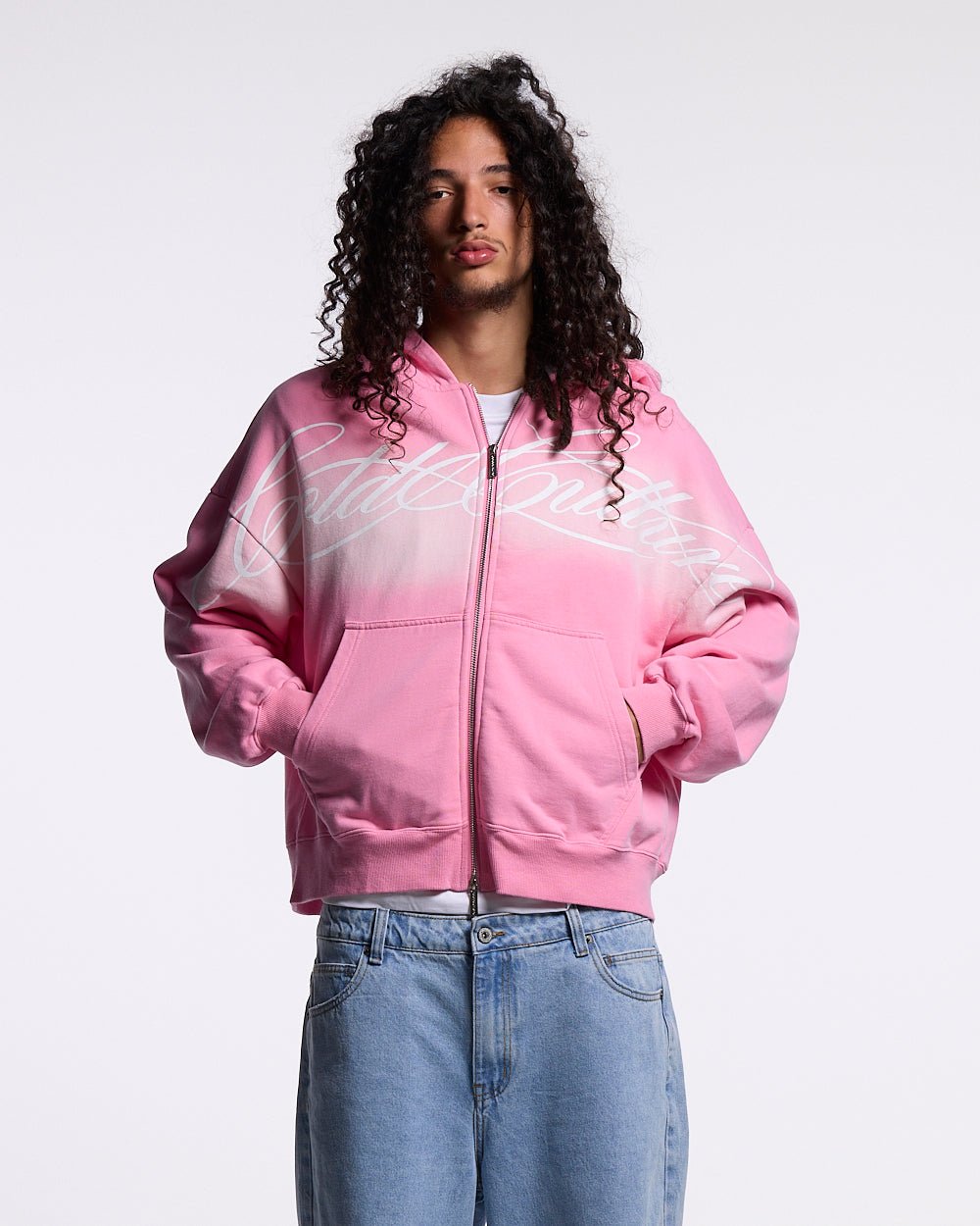 CROSSED SCRIPT ZIP HOODIE PINK - Cold Culture #man