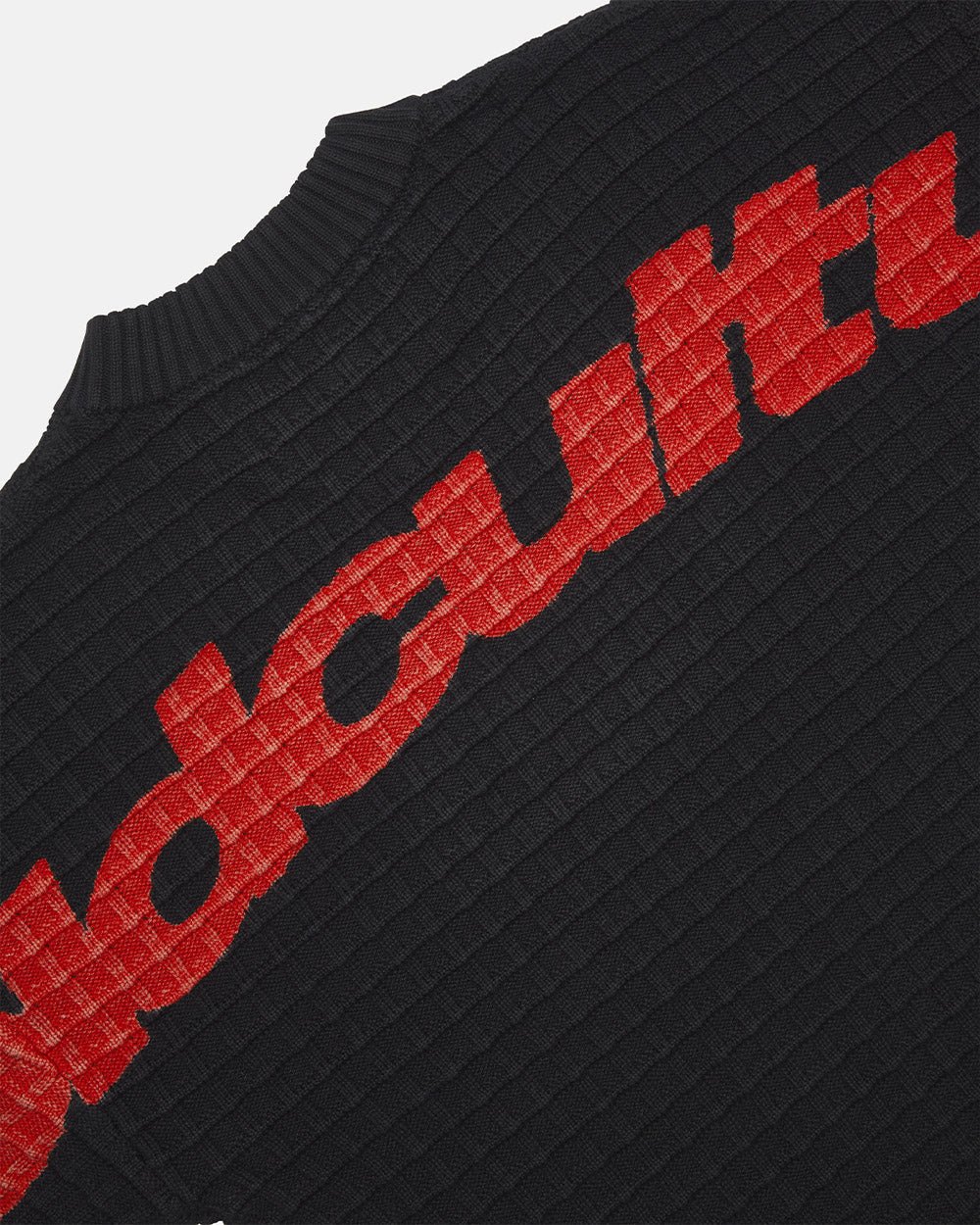 CRUNCHY WAFFLE KNIT BLACK - black waffle knit sweater, detail close-up - Cold Culture