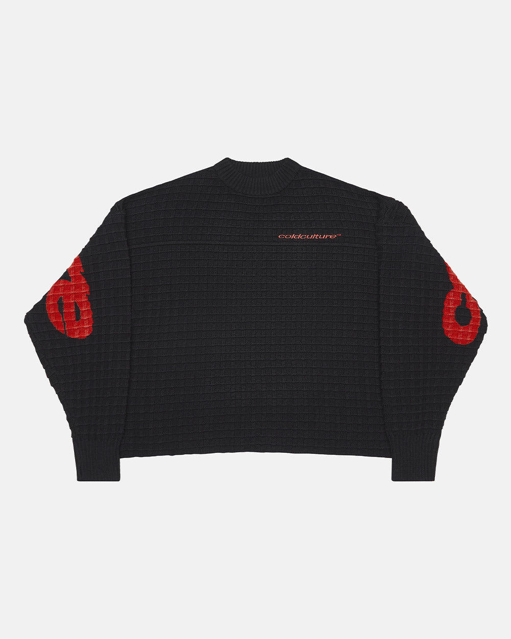 CRUNCHY WAFFLE KNIT BLACK - black waffle knit sweater, front view - Cold Culture #packshot