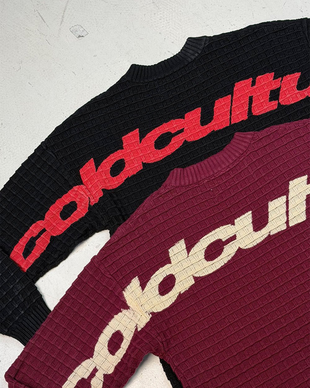 CRUNCHY WAFFLE KNIT BLACK - black waffle knit sweater, detail close-up - Cold Culture