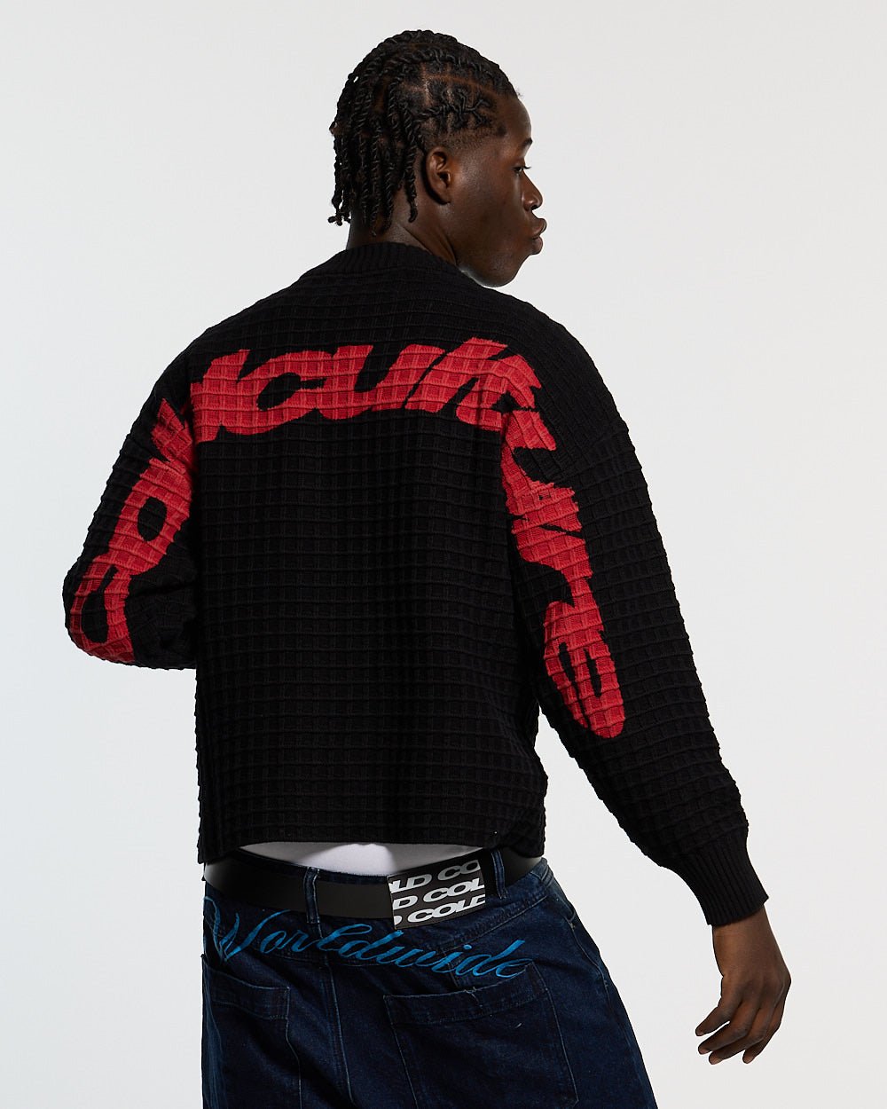 CRUNCHY WAFFLE KNIT BLACK - black waffle knit sweater, back view on male model - Cold Culture #man
