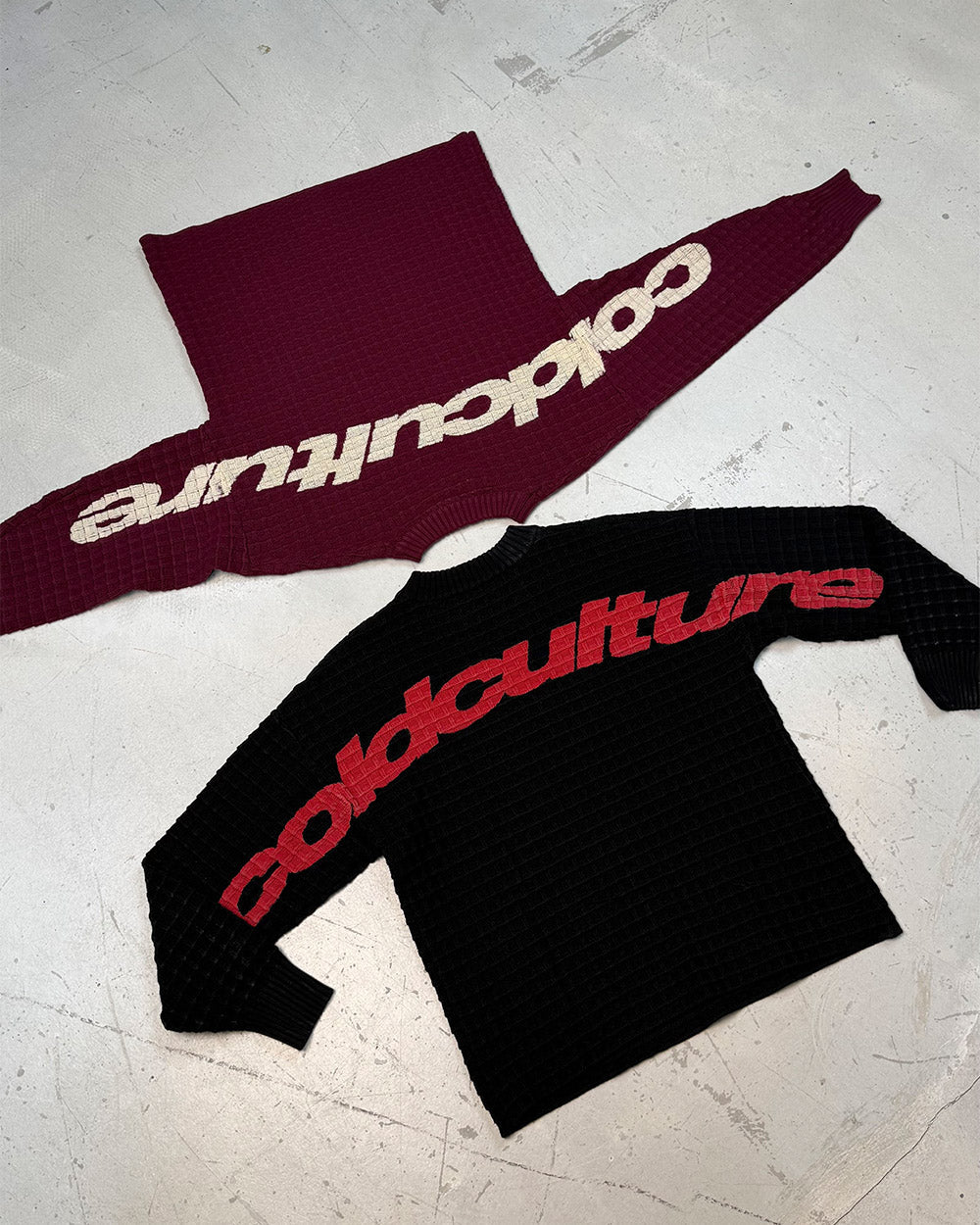 CRUNCHY WAFFLE KNIT BLACK - black waffle knit sweater, flat lay with matching pieces - Cold Culture