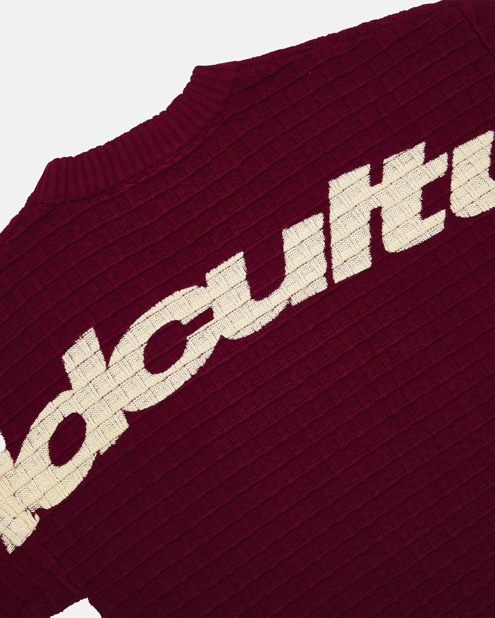CRUNCHY WAFFLE KNIT BURGUNDY - burgundy waffle knit sweater, detail close-up - Cold Culture