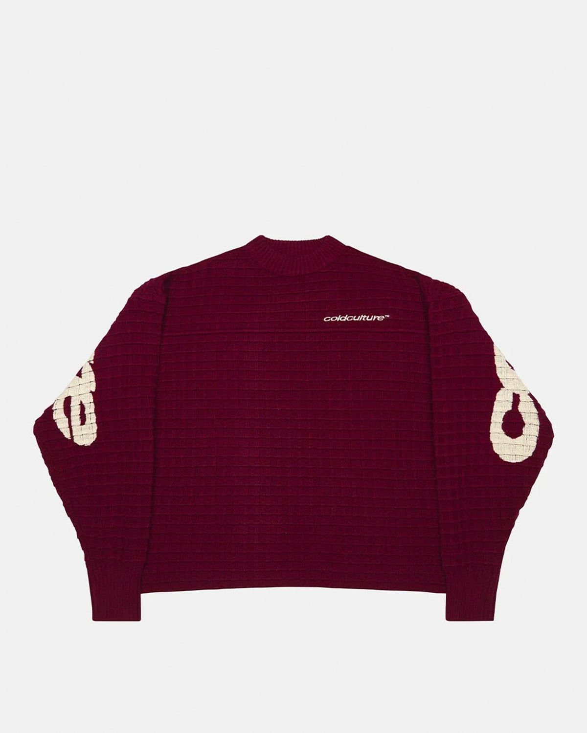 CRUNCHY WAFFLE KNIT BURGUNDY - burgundy waffle knit sweater, front view - Cold Culture #packshot