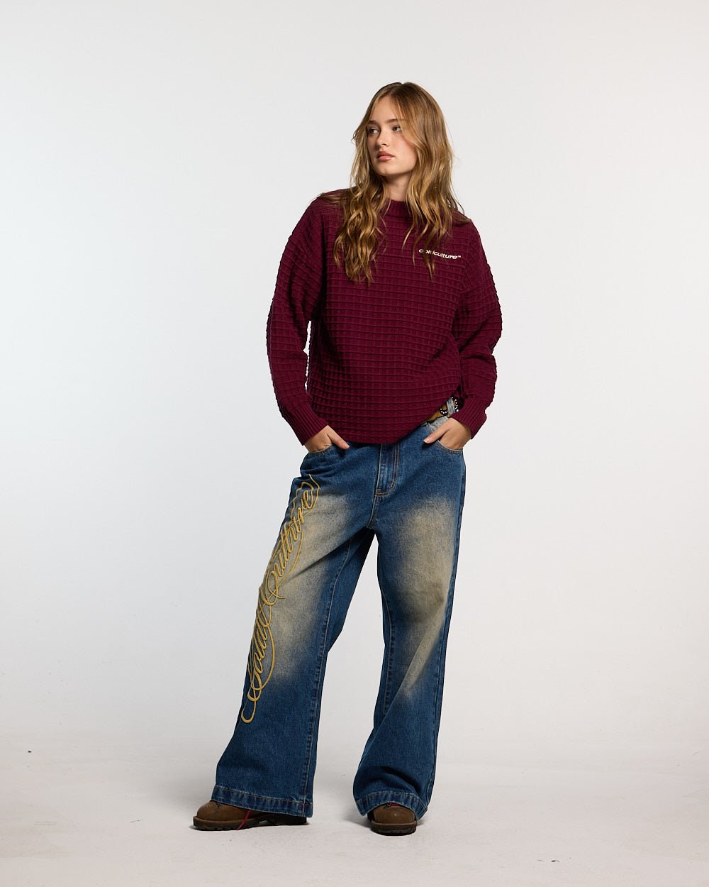 CRUNCHY WAFFLE KNIT BURGUNDY - burgundy waffle knit sweater, front view on female model - Cold Culture #woman