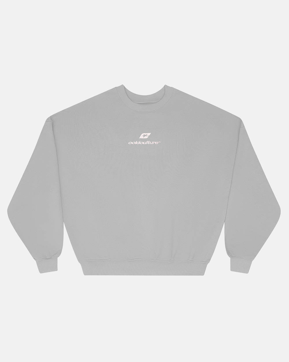 CURVED CREWNECK GREY - grey oversized crewneck sweatshirt, front view - Cold Culture #packshot