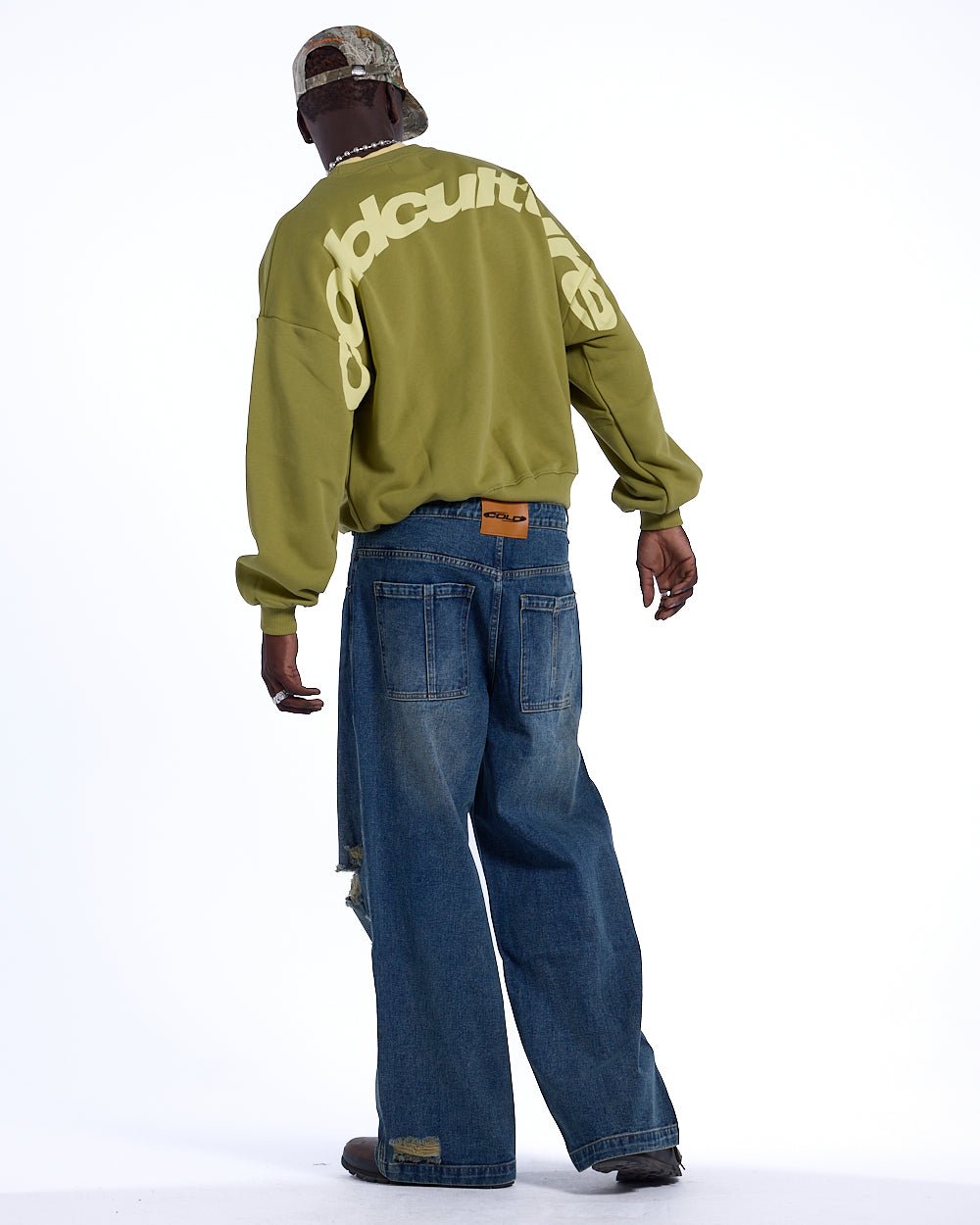 CURVED CREWNECK LIGHT GREEN - light green oversized crewneck sweatshirt, back view on male model - Cold Culture #man