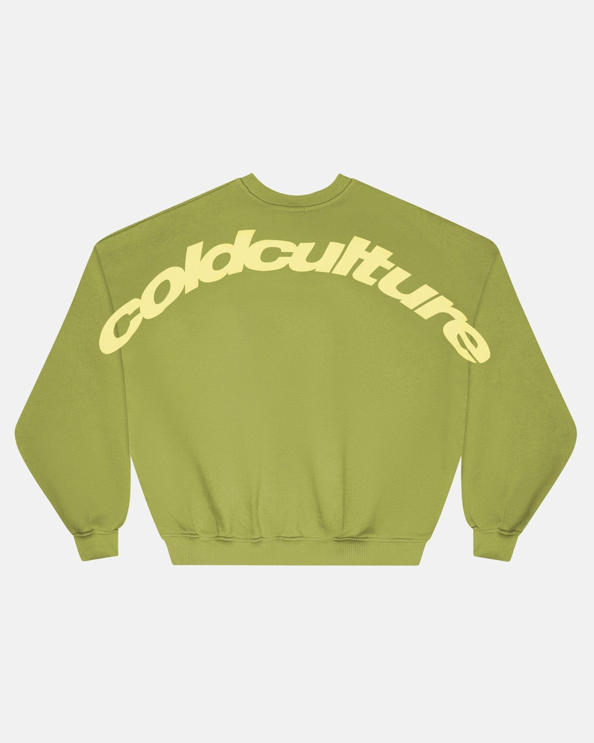 CURVED CREWNECK LIGHT GREEN - light green oversized crewneck sweatshirt, back view - Cold Culture #packshot