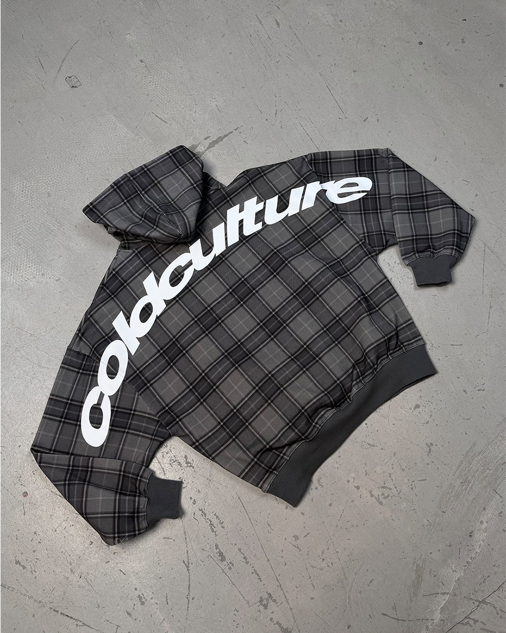 CURVED DRIFT HOODIE TARTAN - grey tartan hoodie, flat lay - Cold Culture