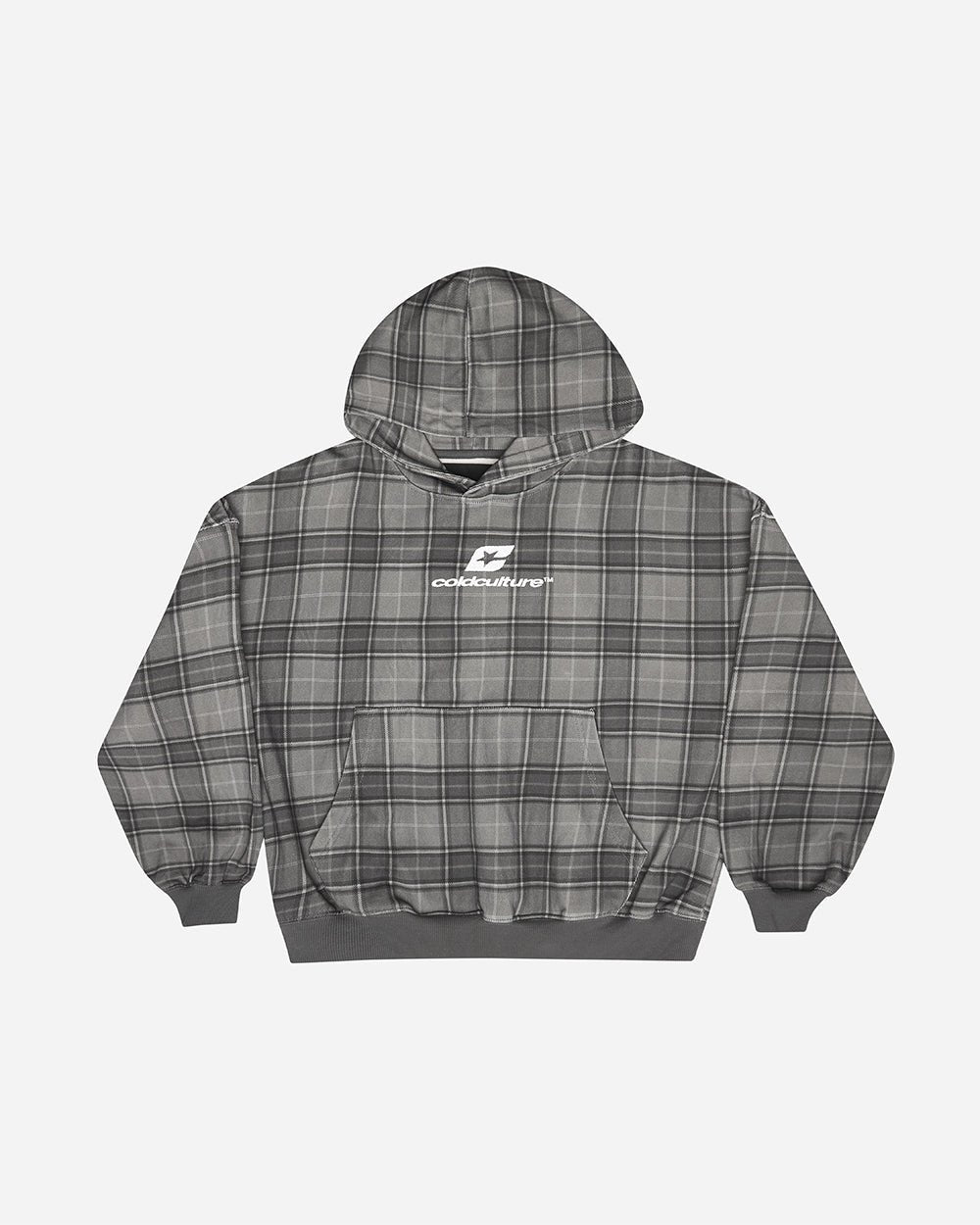 CURVED DRIFT HOODIE TARTAN - grey tartan hoodie, front view - Cold Culture #packshot