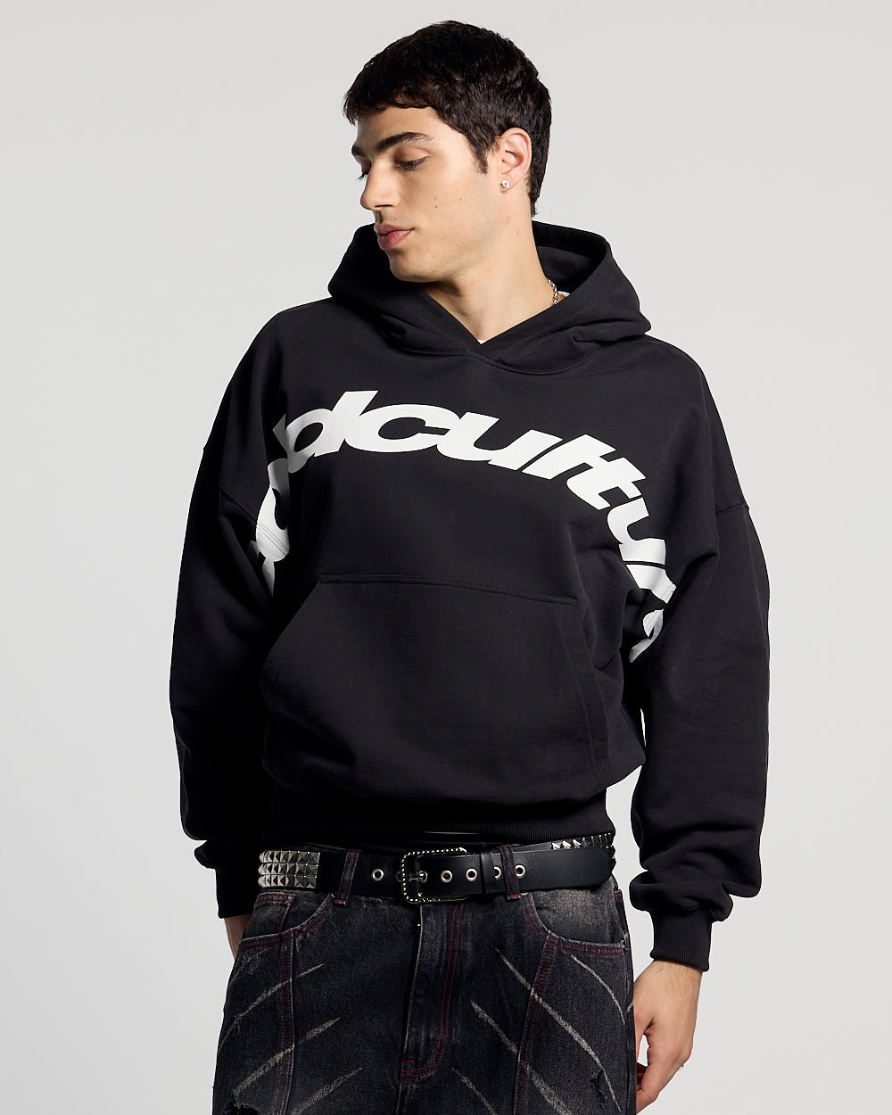 CURVED FRONT HOODIE BLACK - black graphic print hoodie, front view on male model - Cold Culture #man