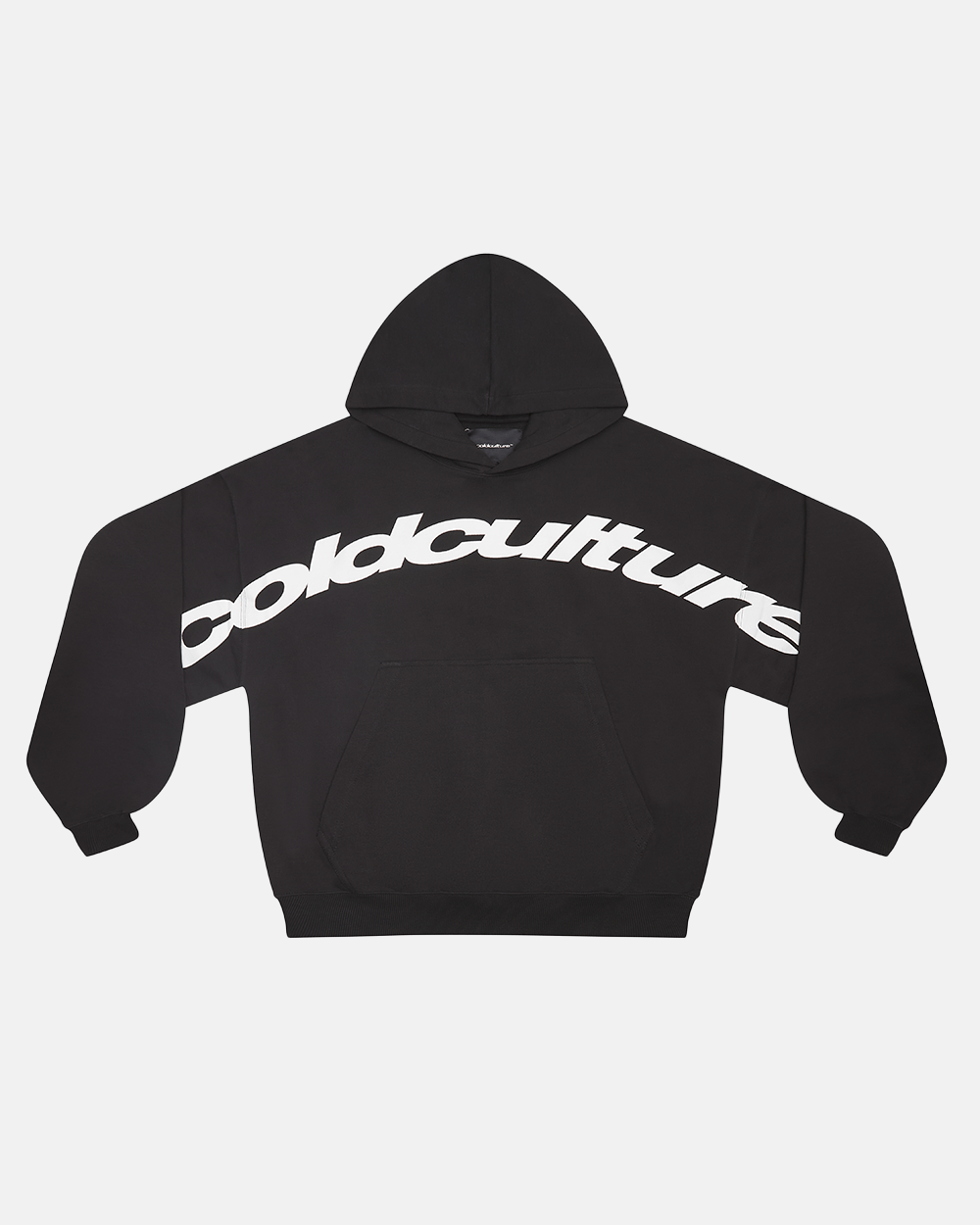 CURVED FRONT HOODIE BLACK - black graphic print hoodie, front view - Cold Culture #packshot