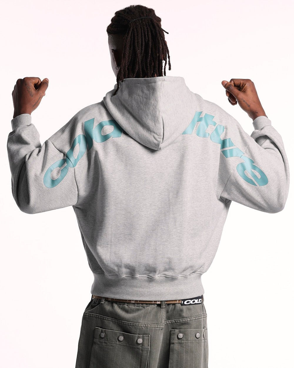 CURVED HOODIE ASH GREY - grey oversized hoodie, back view on male model - Cold Culture #man
