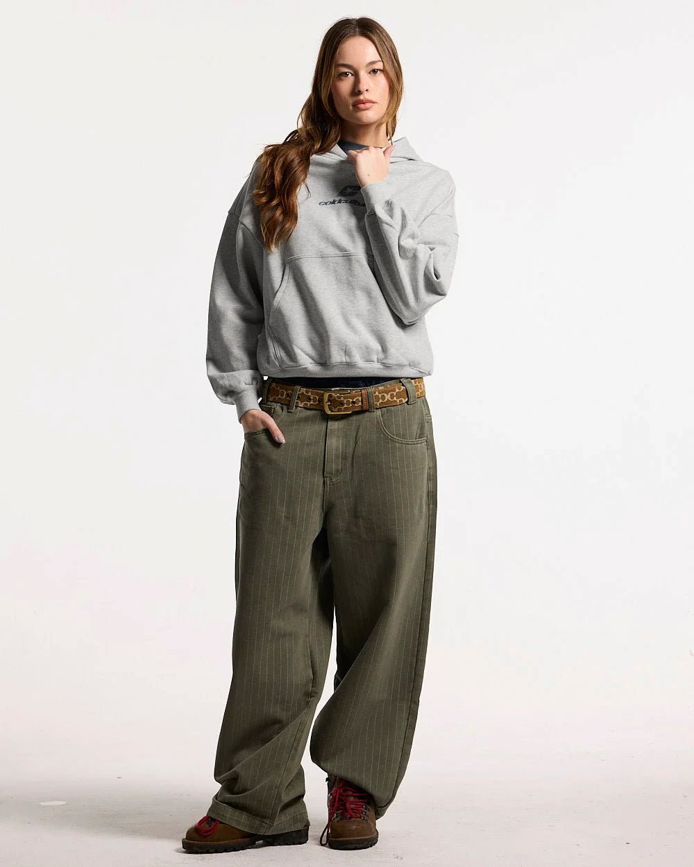 CURVED HOODIE ASH GREY - grey oversized hoodie, front view on female model - Cold Culture #woman