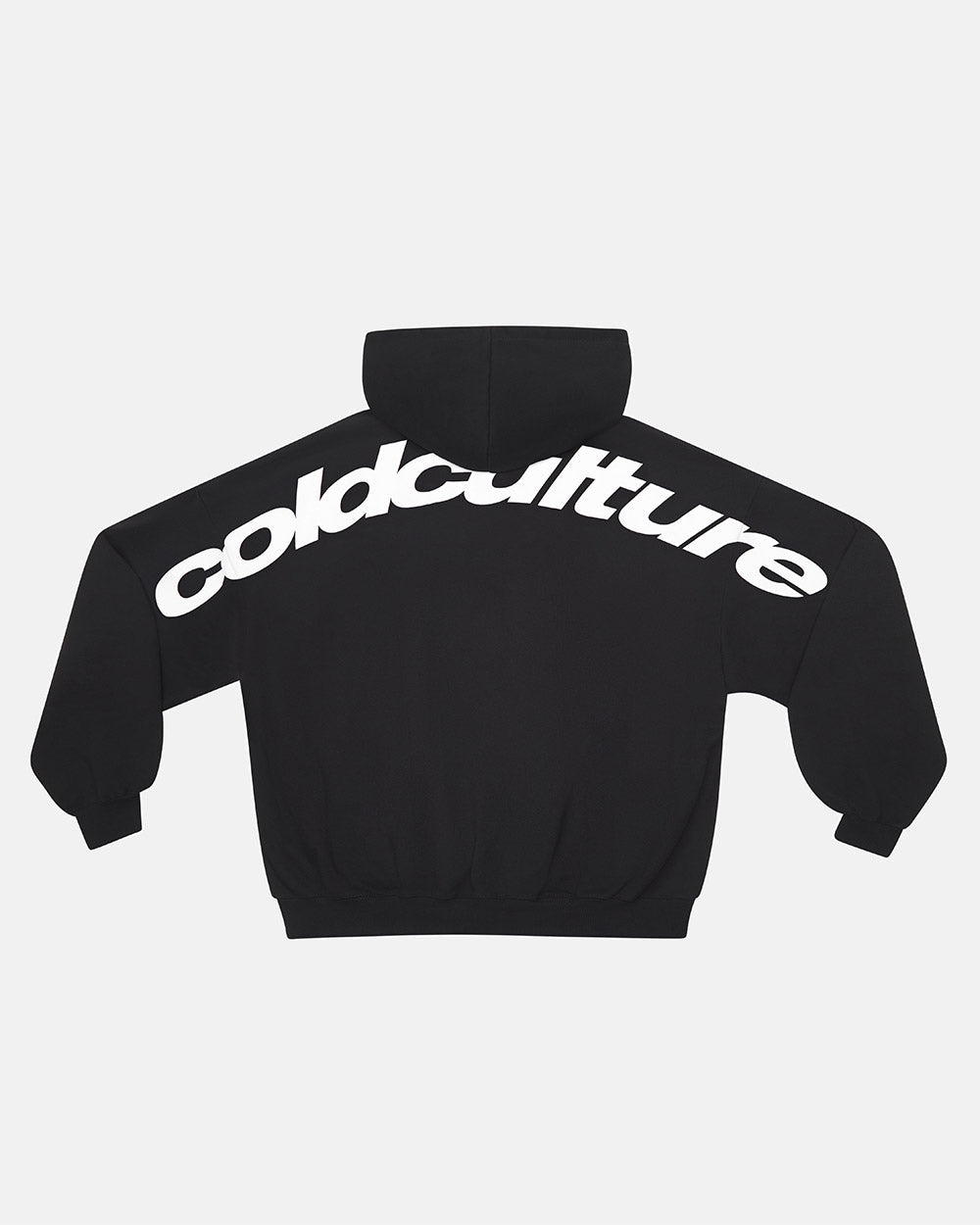 CURVED HOODIE BLACK AND WHITE - black oversized hoodie, back view - Cold Culture #packshot