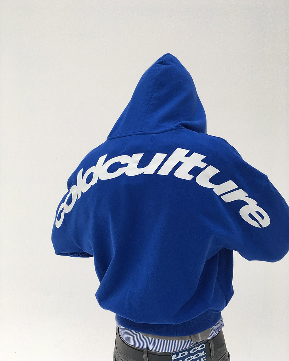CURVED HOODIE BLUE - royal blue logo print hoodie, worn detail - Cold Culture