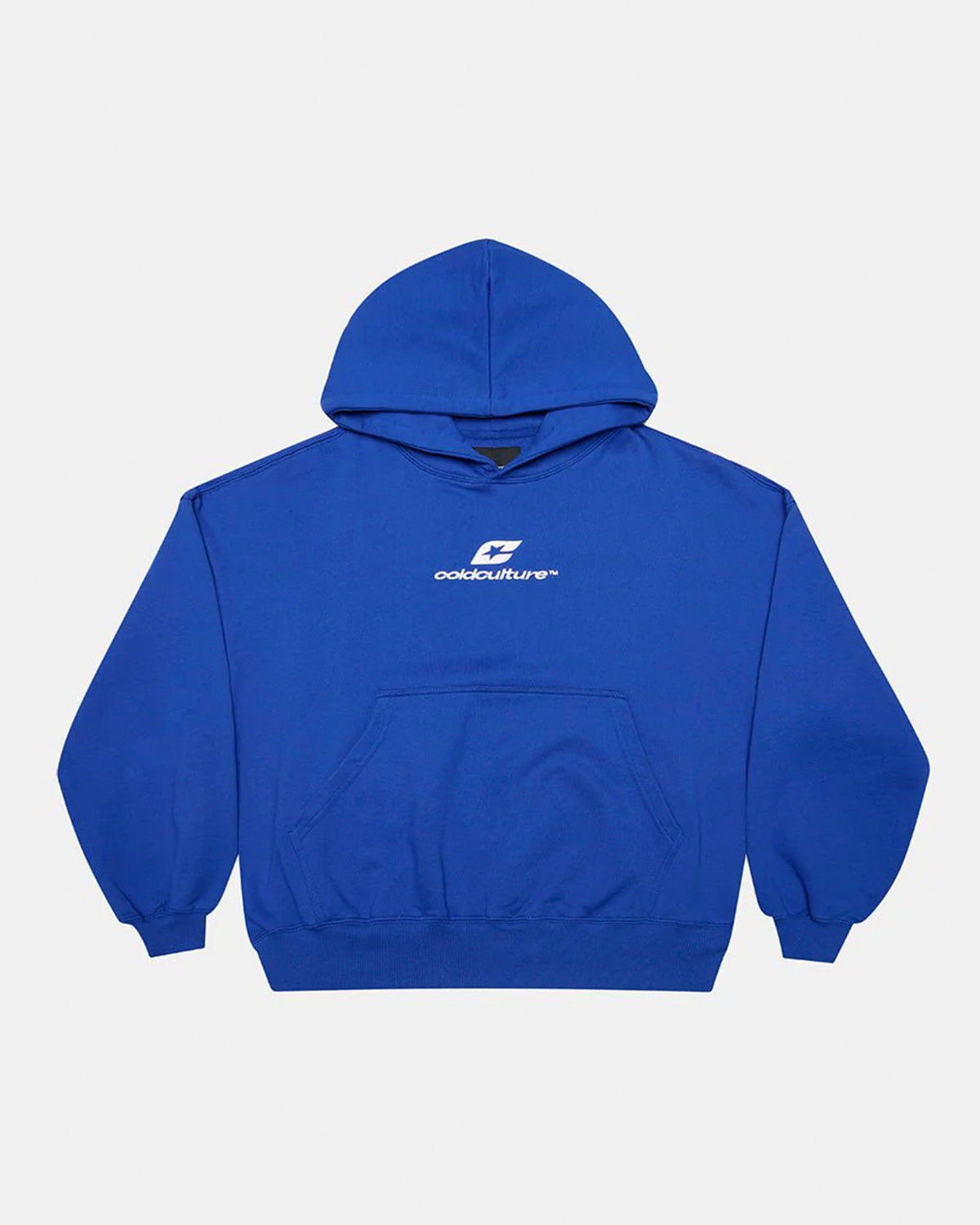 CURVED HOODIE BLUE - royal blue logo print hoodie, front view - Cold Culture #packshot