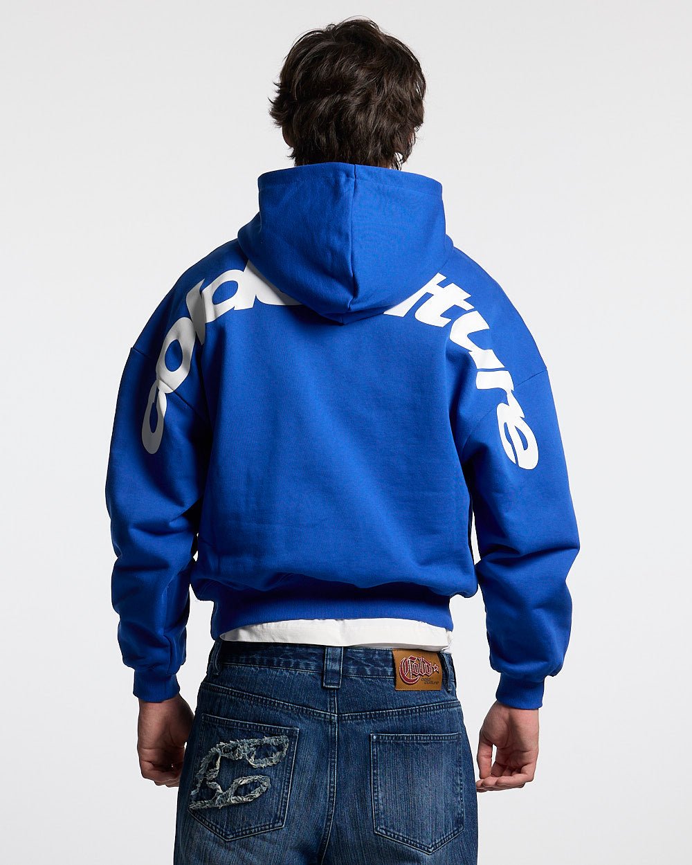 CURVED HOODIE BLUE - royal blue logo print hoodie, back view on male model - Cold Culture #man