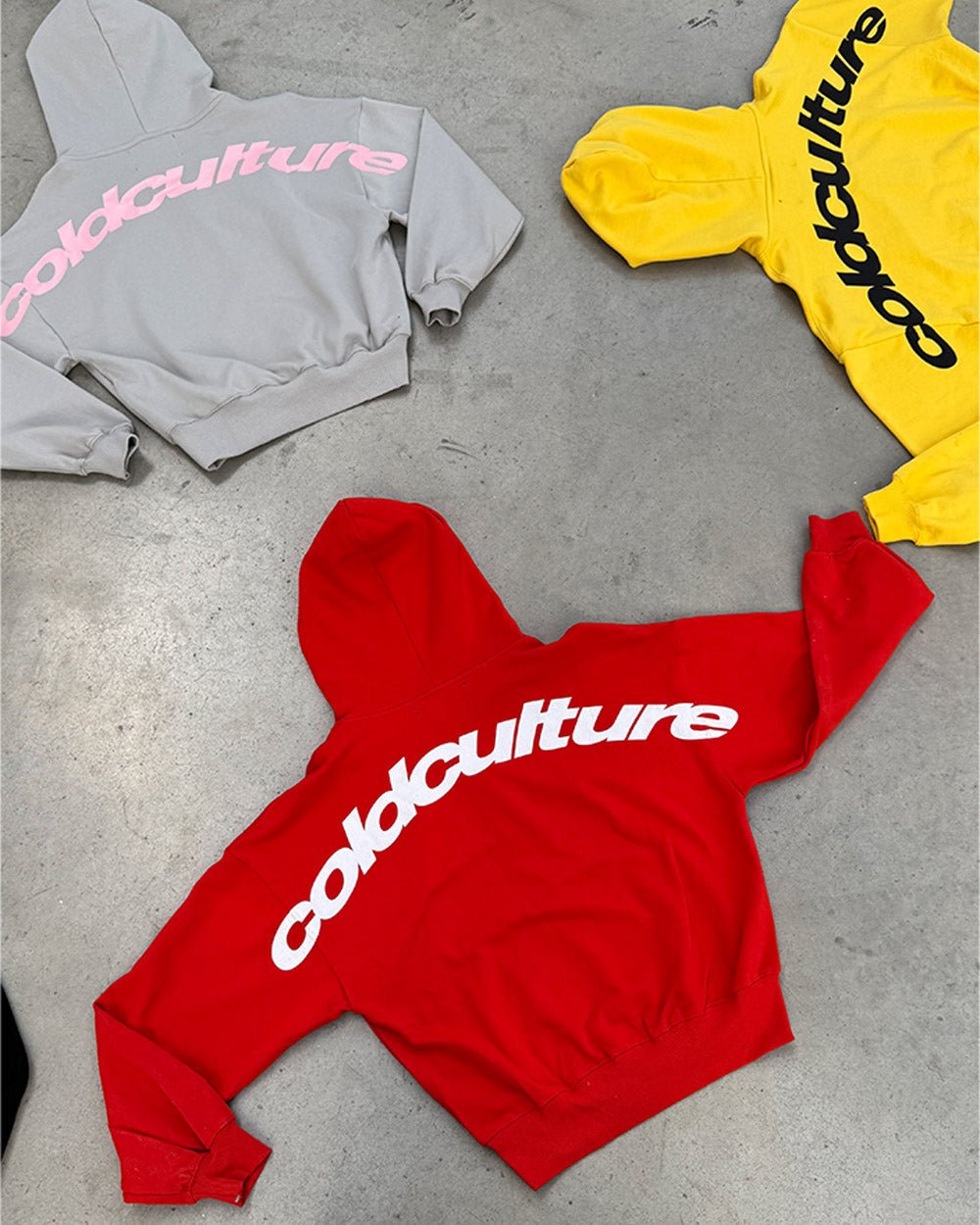 CURVED HOODIE GREY - grey logo print hoodie, flat lay with matching pieces - Cold Culture