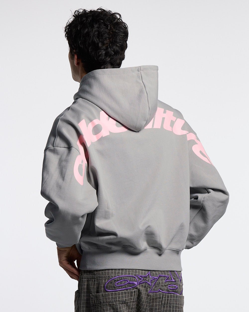 CURVED HOODIE GREY - grey logo print hoodie, back view on male model - Cold Culture #man