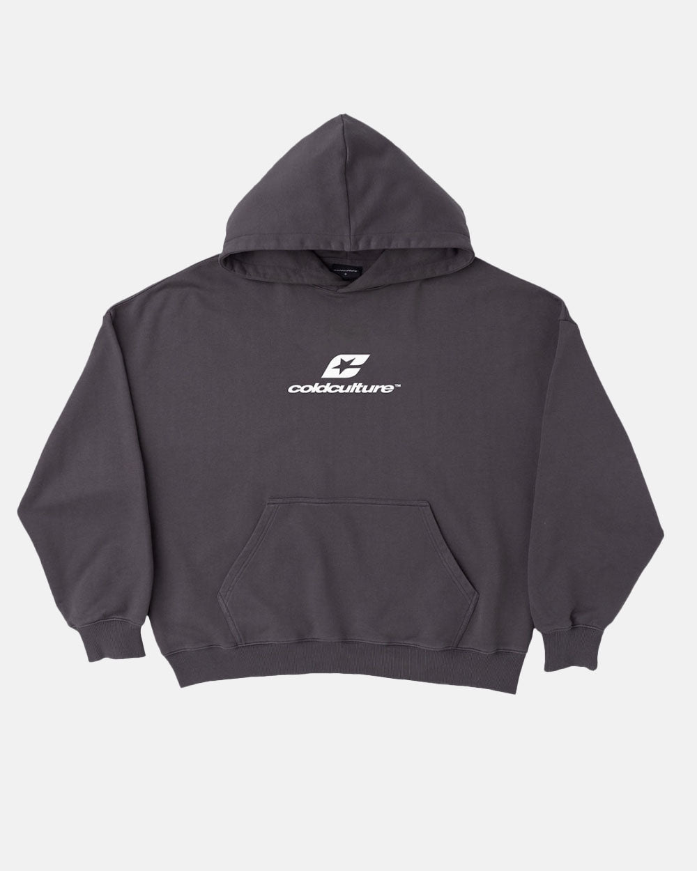 CURVED HOODIE HEAVY GREY - dark grey oversized hoodie, front view - Cold Culture #packshot