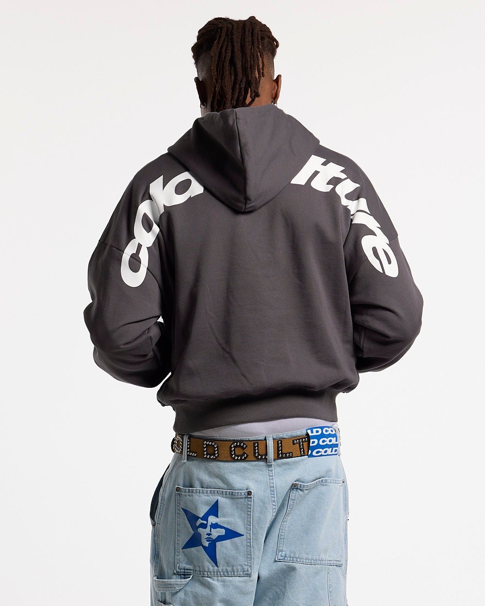 CURVED HOODIE HEAVY GREY - dark grey oversized hoodie, back view on male model - Cold Culture