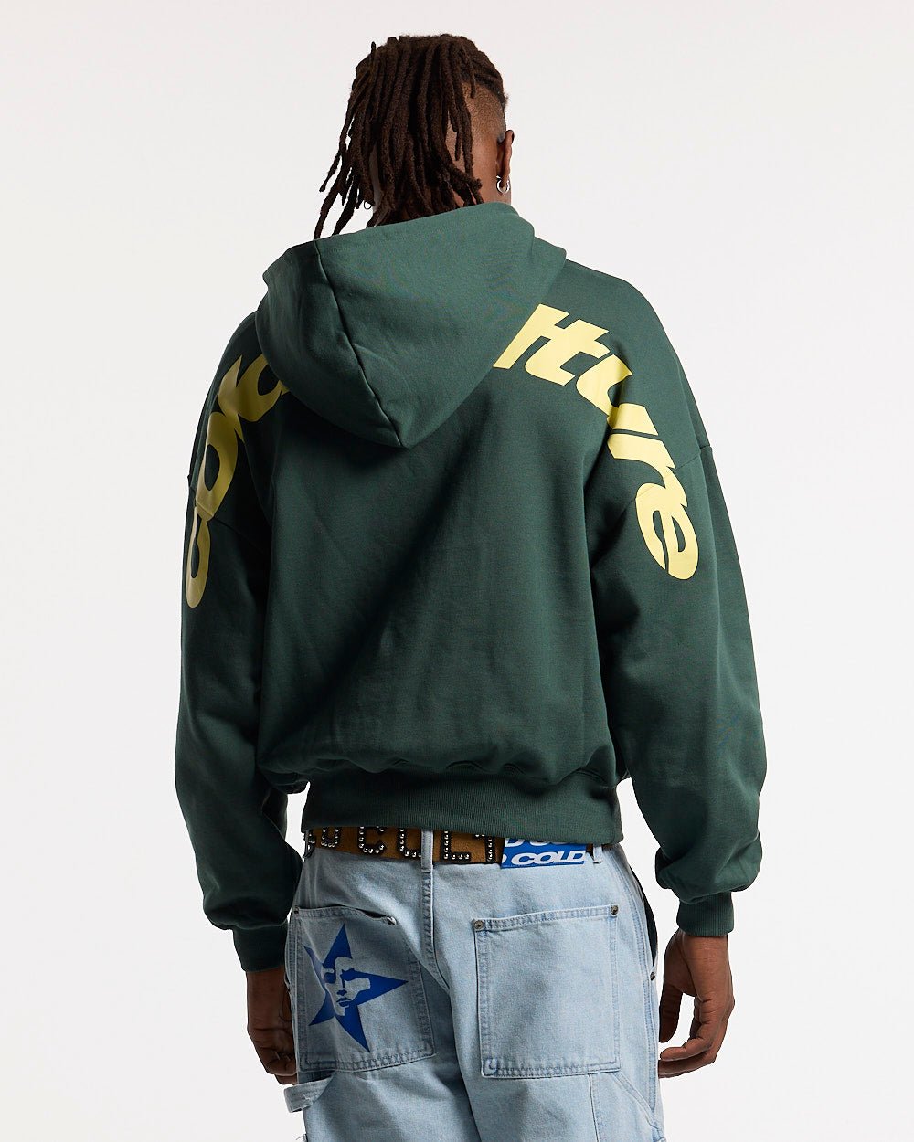 CURVED HOODIE JUNGLE GREEN - green oversized hoodie, back view on male model - Cold Culture