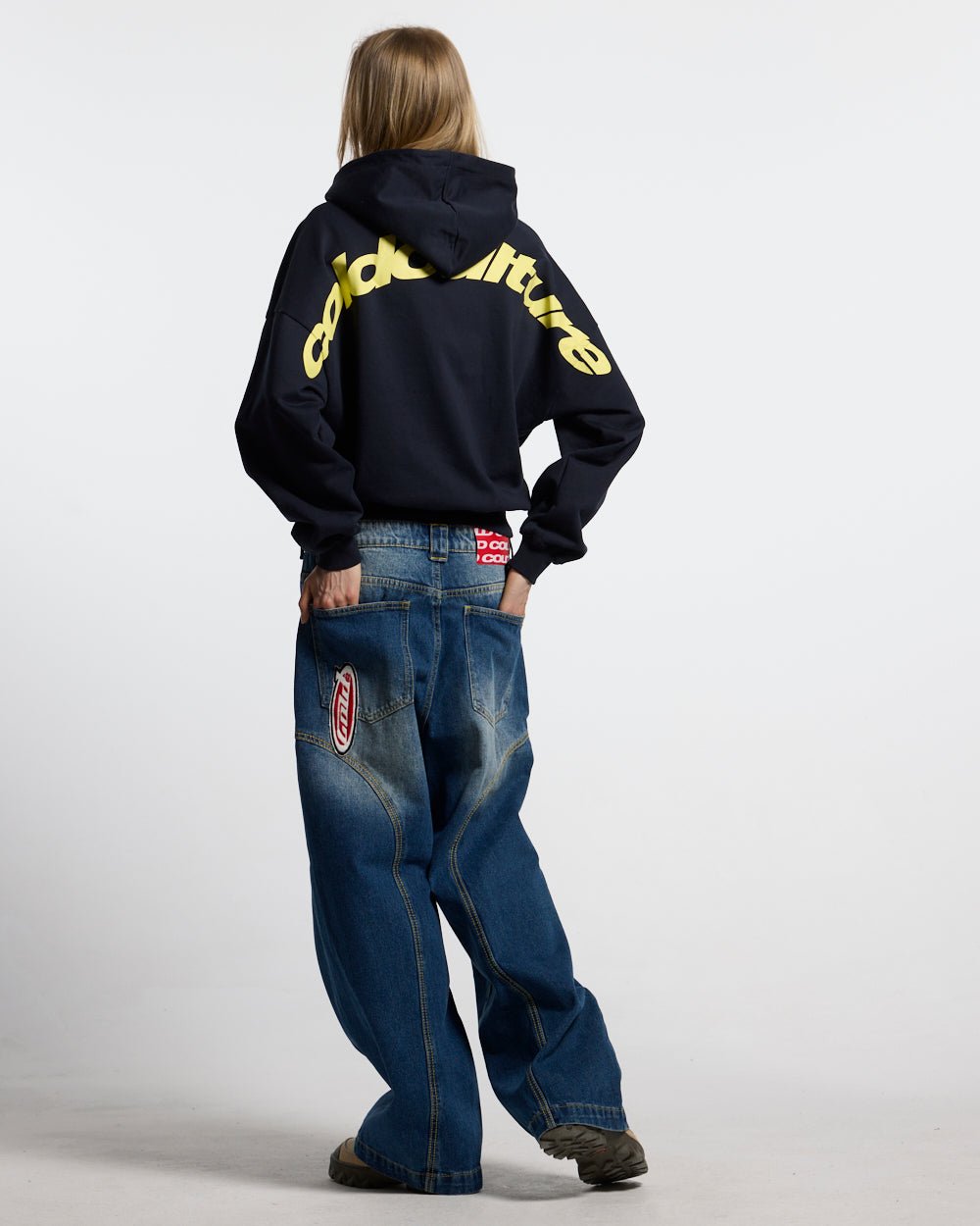 CURVED HOODIE MIDNIGHT BLUE - navy blue oversized hoodie, back view on female model - Cold Culture #woman