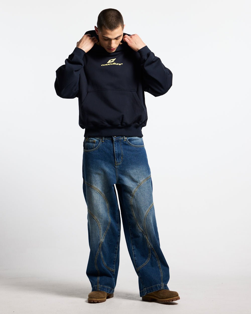 CURVED HOODIE MIDNIGHT BLUE - navy blue oversized hoodie, front view on male model - Cold Culture #man