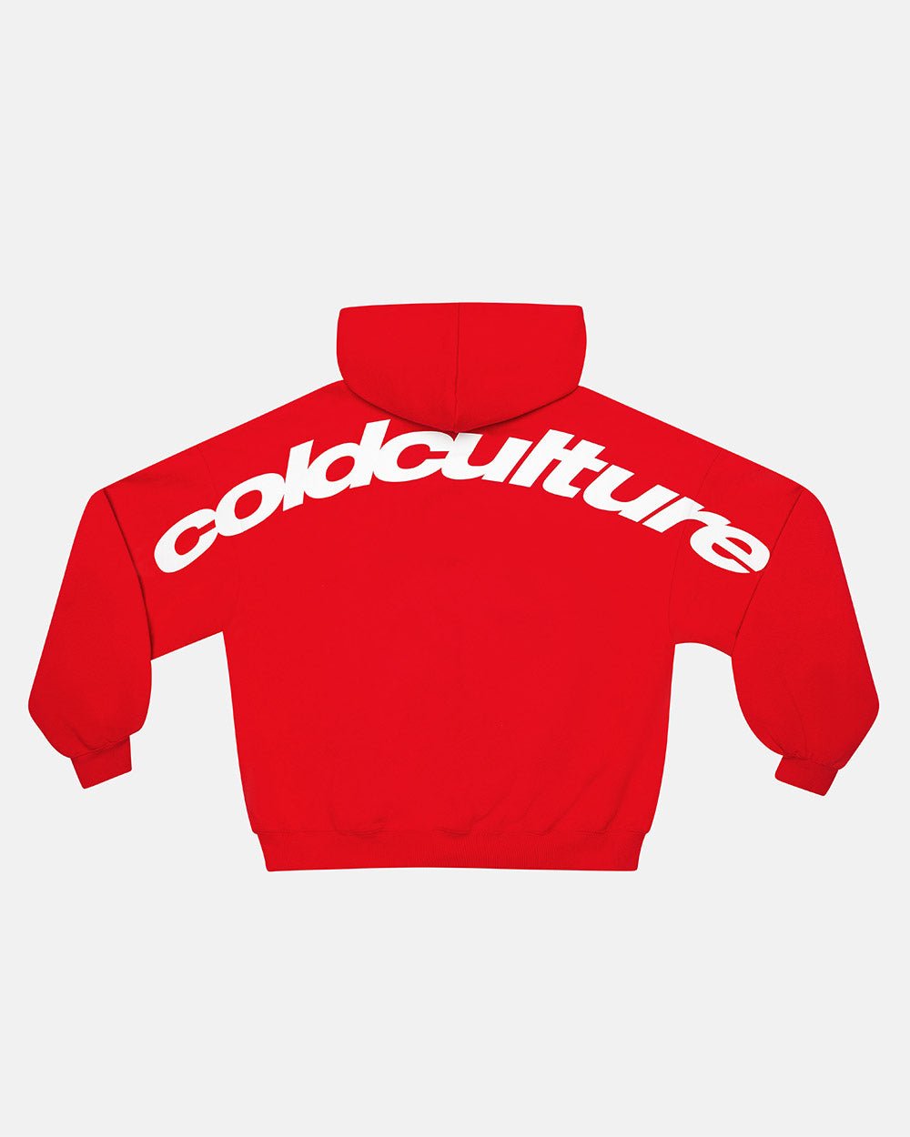 CURVED HOODIE RED - red oversized hoodie, back view - Cold Culture #packshot