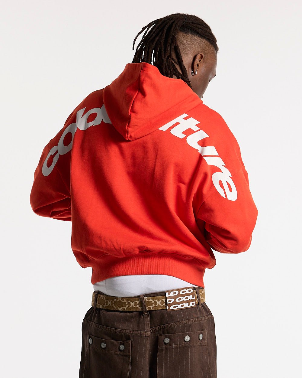 CURVED HOODIE VIBRANT RED - red logo print hoodie, back view on male model - Cold Culture #man
