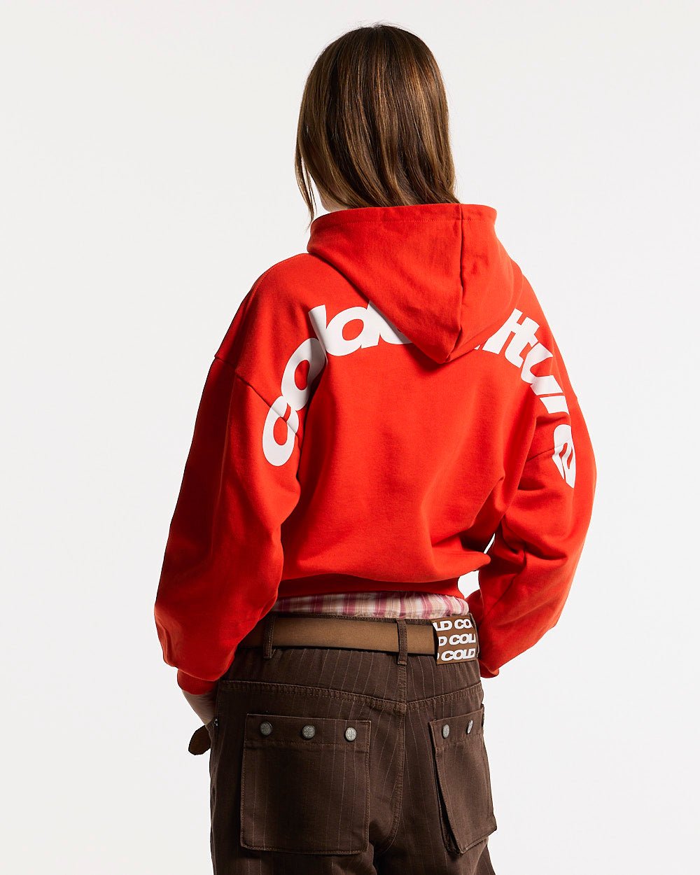 CURVED HOODIE VIBRANT RED - red logo print hoodie, back view on female model - Cold Culture #woman