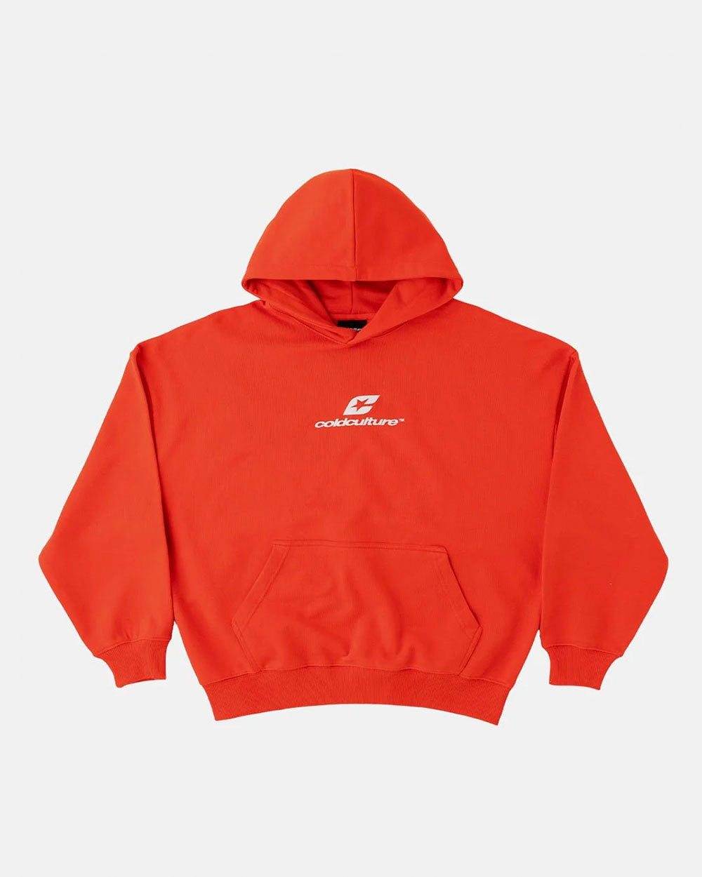CURVED HOODIE VIBRANT RED - red logo print hoodie, front view - Cold Culture #packshot