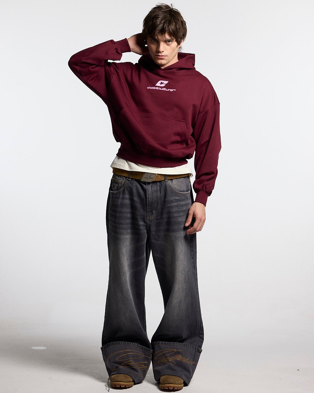 CURVED HOODIE WINE RED - wine red oversized hoodie, front view on male model - Cold Culture #man