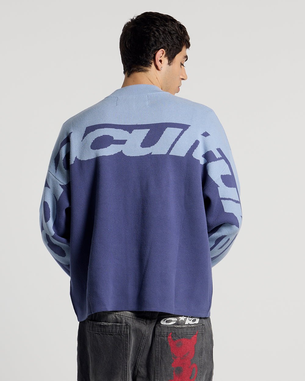 CURVED KNIT BLUE - blue two-tone knit sweater, back view on male model - Cold Culture #man