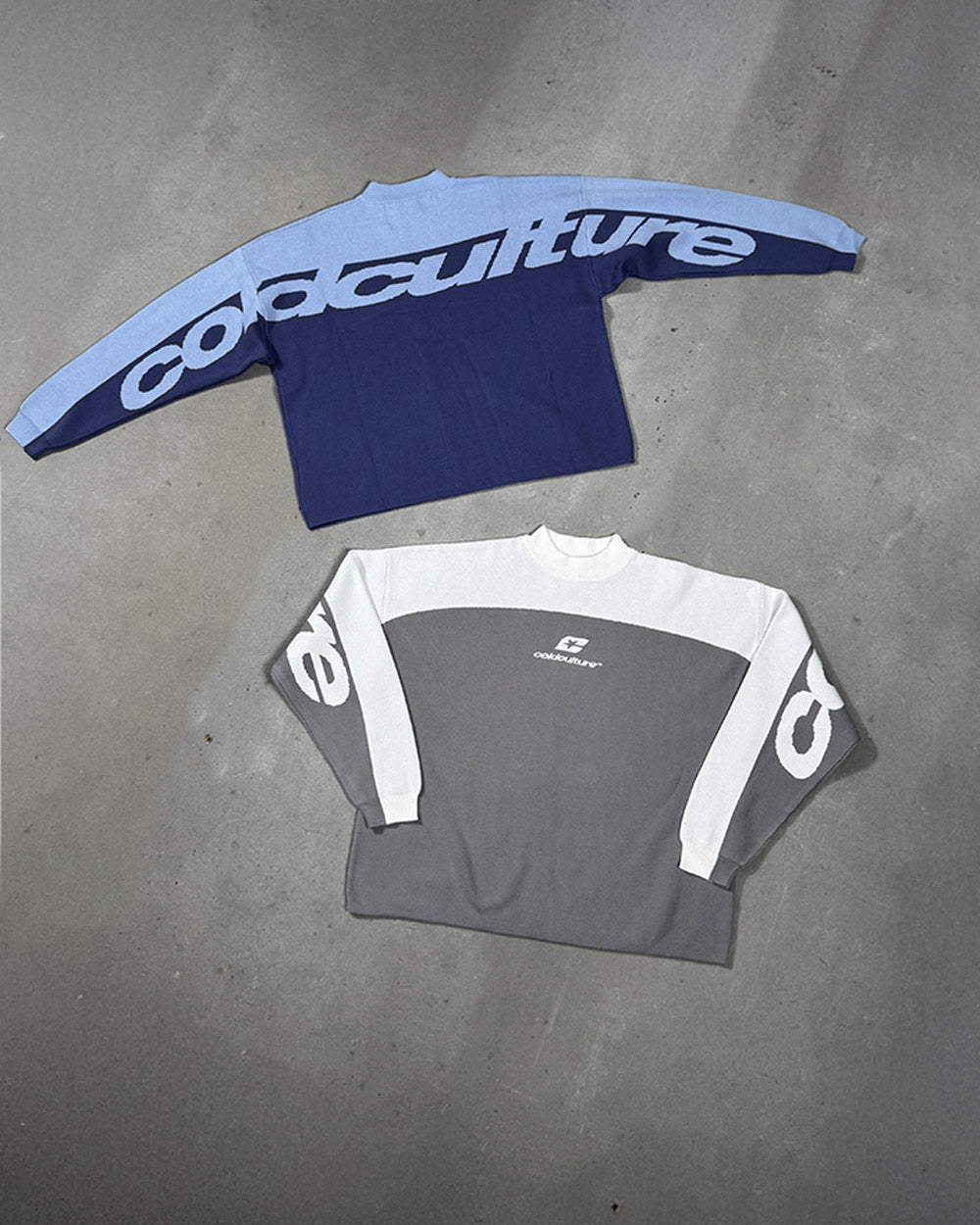 CURVED KNIT BLUE - blue two-tone knit sweater, flat lay with matching pieces - Cold Culture