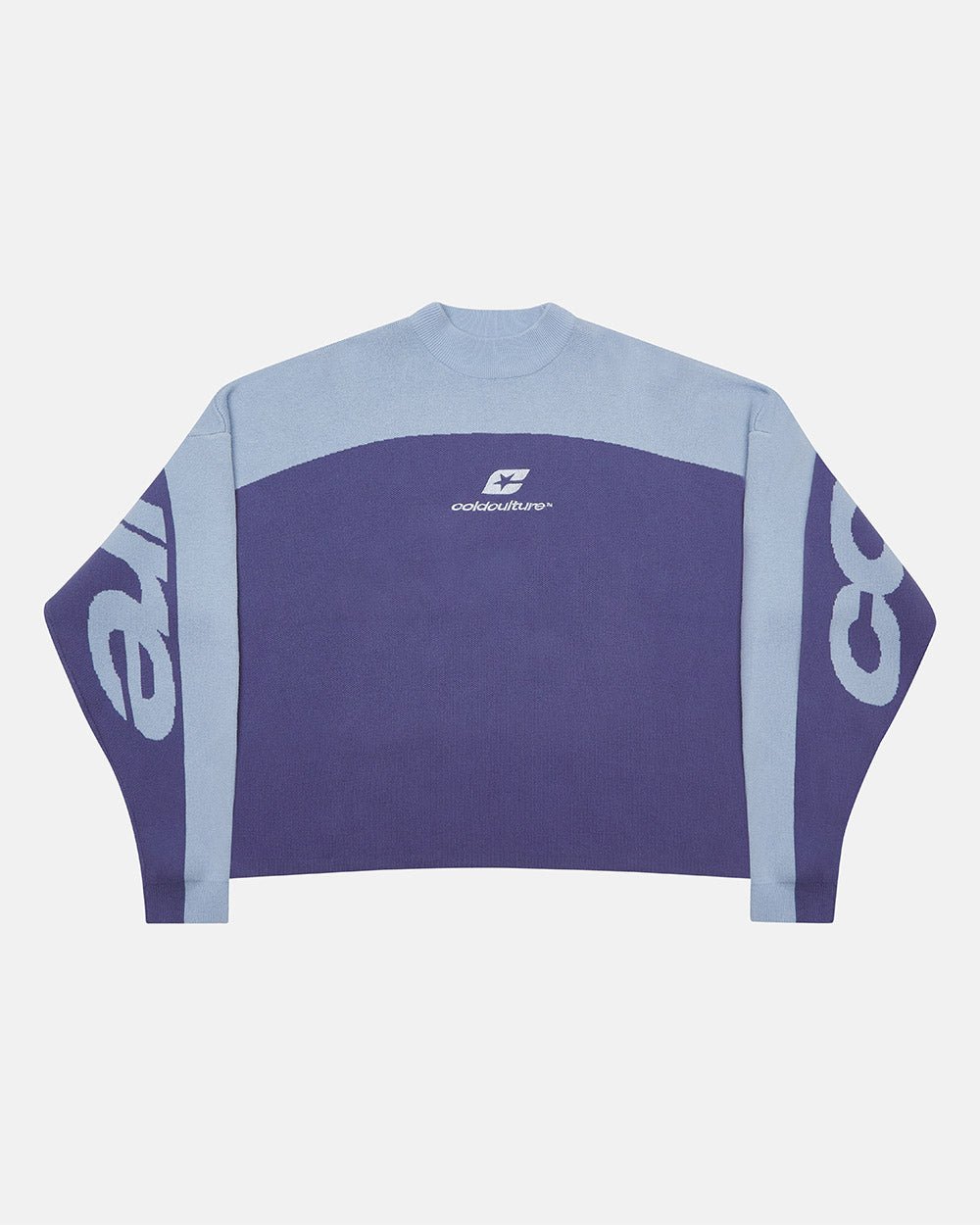 CURVED KNIT BLUE - blue two-tone knit sweater, front view - Cold Culture #packshot