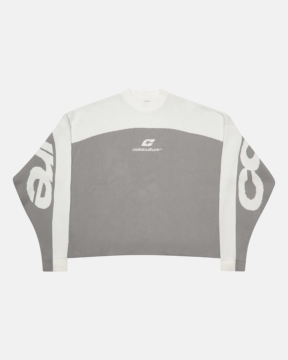 CURVED KNIT GREY & WHITE - grey and white knit sweater, front view - Cold Culture #packshot