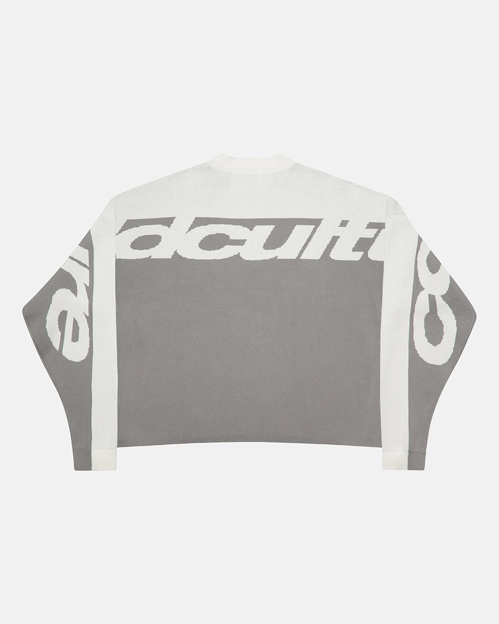 CURVED KNIT GREY & WHITE - grey and white knit sweater, back view - Cold Culture #packshot