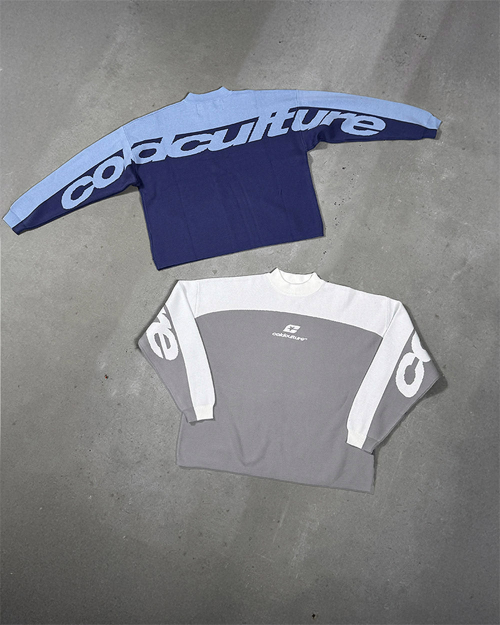 CURVED KNIT GREY & WHITE - grey and white knit sweater, flat lay with matching pieces - Cold Culture